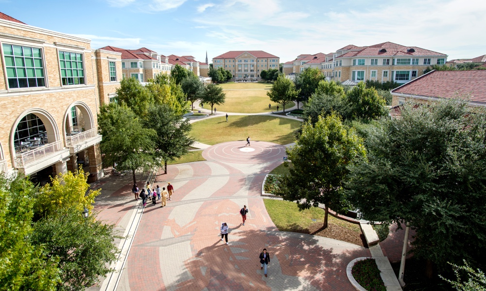 A panoramic view of the TCU Campus Commons as seen from the University Union balcony